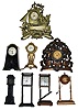 Eight cast metal novelty clocks. Includes two Ansonia gravity clocks (damaged), Ancient Order of Gleaners, Waterbury, New Haven, 1492 Columbus, and mini long case (painted, no works).