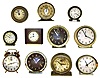 Eleven wind-up alarm clocks. 5 Big Ben, 2 Baby Ben, Seth Thomas, Regent of Chicago, St. Regis, and Gabriel.
