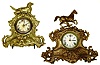 Two Connecticut 8 day gold figural mantel clocks. Smaller has great shaggy dog posing on top. Larger with horse, is Muller case 111B, 18" tall.