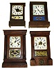 Four Connecticut 30 hour shelf clocks. Smallest is time/alarm. Waterbury cottage has nice blue glass. Seth Thomas, Plymouth Hollow, is unusual small cornice model. Largest column and cornice now has 8 day works with extra dial holes, 16" tall.