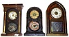 Three 8 day Connecticut Shelf Clocks. Smallest is Ingraham Venetian. Largest, Terry and Andrews beehive with original brass springs, etched glass and triangular alarm movement in base is 19" high.