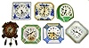 Seven small wall hanging novelty clocks. Colorful painted China and enameled metal clocks from Germany and U.S.A. 8 day, 30 hour and plug in. Largest is 9" square.