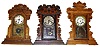 Three oak Connecticut 8 day parlor clocks. Bold pressed and carved ornaments, patterned glasses, fancy pendulums. Calendar model is a Waterbury. Tallest is 24" high.