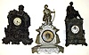 Three Connecticut 8 day cast metal and wood figural mantel clocks- there are two seated men with weapons and a Muller No. 67 with a standing peasant woman with fruit and rabbits, tallest is 23" high