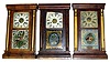 Three column and cornice 30 hour weight driven Connecticut shelf clocks, two are Seth Thomas, one with lovely early tablet showing urn overflowing with fruit and the third is a Gilbert. All 25" high with inside paper labels