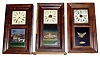 Three 8 day ogee Connecticut weight driven shelf clocks- the first is a Chauncey Goodrich dial, later added base, and old New York Crystal Palace tablet (and prior insect damage visible behind loose veneer strip), a Jerome and Co. 2 door with old English castle tablet, and a Waterbury 2-door with bold patriotic tablet. All 30" tall