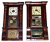 Two 8 day Connecticut column and cornice weight driven shelf clocks. One is Birge and Peck with nearly complete train label inside, old glasses showing United States Hotel, Saratoga, and Smithsonian Institute. Other is Seth Thomas, Plymouth Hollow, with nice glasses and good label. Both 33" tall.
