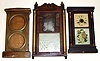 Three Connecticut clock cases (no movements). Smallest is Seth Thomas with label, glasses and dial. Middle original held a double dial calendar clock. Largest, column and splat with old mirror tablet, contained wooden works and is 32" tall.