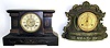Two cast iron Connecticut 8 day mantel clocks. Both all original. Black is New Haven with visible escapement. Green is extra heavy Waterbury with gold pierced dial and most of black/gold rear paper label intact,12" tall.