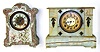 Two white 8 day higher quality Connecticut mantel clocks. Hand painted China is a Gilbert with partial rear label. Veined onyx is an Ansonia with gold dial and visible escapement. Porcelain case is 12" tall.