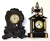 Two black 8 day mantel clocks for restoration. One is iron front with C.Jerome dial. Other is French marble with urn top and very clean bell strike movement, 19" tall.