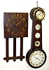 Two 8 day wood wall clocks and a lyre presentation banjo case only well carved and finished, with glasses and dial. One is dark oak E. Ingraham mission style. Other is unique home made mult dial with modern German Seth Thomas ship's bells clock on top and "gallons of fuel" dial on bottom, 38" tall.