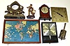 Seven pieces, mixed lot. Oldest is 19th-century Salter's English bottle jack for turning meat before the open hearth. Newest is "World Time" electric global map and local times. Also includes Seiko "Sonola" transistor plastic wall clock, figural brass novelty clock with modern German fit-up, rearing elephants case, French "Hatot" battery-powered small cabinet clock, and Waltham 11" square dial with hands and 37-size movement.