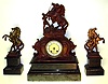 French marble equestrian figural garniture 8 day 3 piece clock set, c1890.