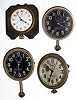 Four Waltham car/travel 8 day clocks: two black dials with seconds tracks, one silver dial with dot wind indicator, one from leather travel case with "Cross" dial.