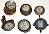 Six small mounted metal clocks: five auto clocks and one Minneapolis Honeywell 8 day 7 jewel Model 77 for early thermostat. Car clocks include an 8 day New Haven in angled case, Seth Thomas with dial faintly lettered for "The Will and Baumer Co. Church Candles, Syracuse N.Y.", a Hunter with a rectangular dial, a Waltham with a small white dial, and a "CTR" logo and "Cin.O." on its dial.