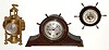 Three marine related items: Seth Thomas mahogany 7 jewel Helmsman ship's bells, 1938; modern brass weather station with quartz clock, barometer, compass, and thermometer; and German "Stellar" yacht wheel aneroid barometer.