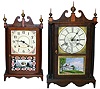 Two Seth Thomas 8 day time and strike mahogany pillar and scroll shelf clocks, 20th century.
