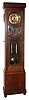 German tall case clock with 8 day time and strike weight driven movement in oak case with beveled glass panels and brass dial, weights and pendulum bob, c1910