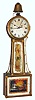 Israel F. Tappan, Manchester, Mass., "Banjo" wall clock with alarm 8 day time only weight driven movement with weight driven alarm striking on surmounted bell in mahogany case with gold leaf front and reverse painted throat and lower tablets, c1820