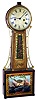 Jonathan Billings, Reading and Acton, Mass., "Striking Banjo" wall clock 8 day time and strike on internal bell two weight driven skeletonized brass movement in mahogany case with gold leafed throat frame and reverse painted throat and lower tablets with painted metal dial, c1830