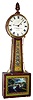 Aaron Willard Jr., Boston, Mass., "Banjo" wall clock 8 day time only weight driven movement secured with two through-screws (filister) in cross banded mahogany case with reverse painted throat and lower tablets and painted iron dial with signature and numbered "1812", c1830