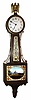 Waltham Clock Co., Waltham, Mass., "Miniature Banjo" 8 day time only stem wind spring driven movement with lever escapement in mahogany case with reverse painted tablets and painted metal dial, c1930