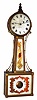 Jeremiah Dewey, Chelsea, Vermont, "Banjo" wall clock 8 day time only weight driven movement in mahogany case with gold leafed front and reverse painted throat and lower tablet and iron painted dial, c1829