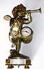 French, bronze and marble mantle clock depicting a winged cherub playing a trumpet and with a drum stick in his right hand, the drum resting against his left side and containing a tiny round movement with cylinder platform and gilt hands, c1880