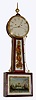 Unknown, possibly New Hampshire, patent or banjo timepiece, 8 day time weight driven movement in mahogany case with weight alarm with reverse painted tablets and painted metal dial, c1825