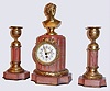 French, three piece garniture set with 8 day platform movement in rose marble case, c1900