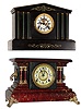 Two Connecticut painted 8 day time and strike mantel clocks, Ansonia and Gilbert, late 19th century.