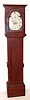 Unsigned Maine or New Hampshire tall clock 8 day time and strike weight driven movement in birch case with cut plinth and painted metal dial with date, c1810