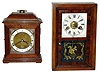Two clocks- F.W. Elliott, Ltd., Croyden, England, Walnut 8 day double chime bracket clock, dated 1968, and Seth Thomas 30 hour rosewood/pine mini bevel front shelf clock, the "Kitchen" model, c1880.