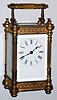 French carriage clock in footed and fluted column brass case with 8 day time only spring driven movement, c1900
