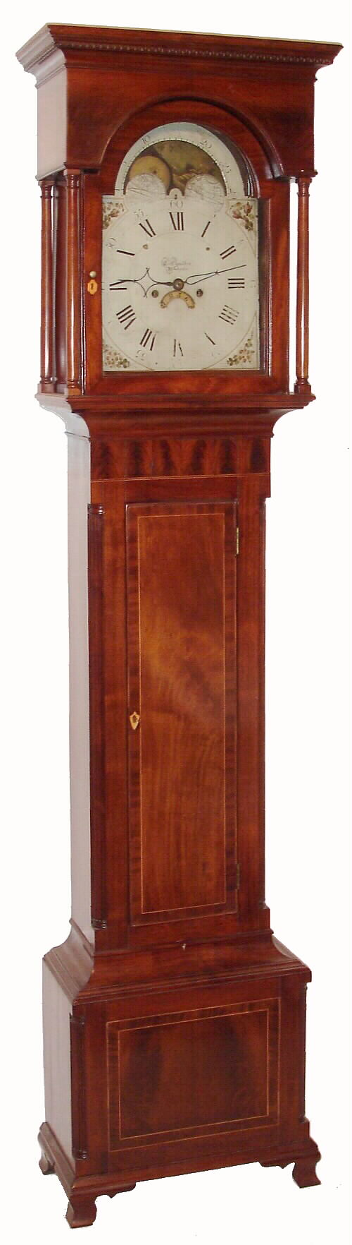G. Chandlee, Winchester (Virginia), a painted dial, center seconds, rolling moon, 8 day movement, c1790, now in a mahogany veneer over heavy hardwood case from the same period. (1790) — Antique Clocks Price Guide