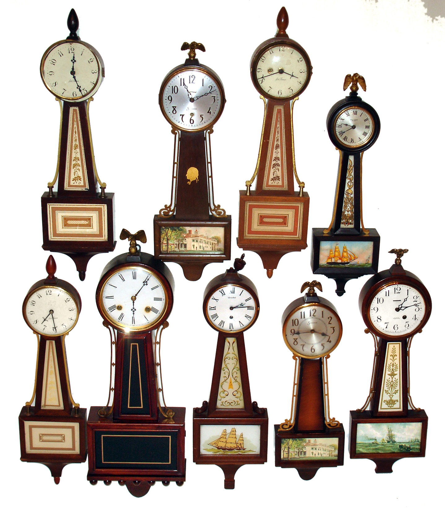 Clocks- 9 (Nine) Banjos: American wood case examples by Seth Thomas, Herschede, New Haven, Sessions. Two are plug-in electrics, others are windup. — Antique Clocks Price Guide