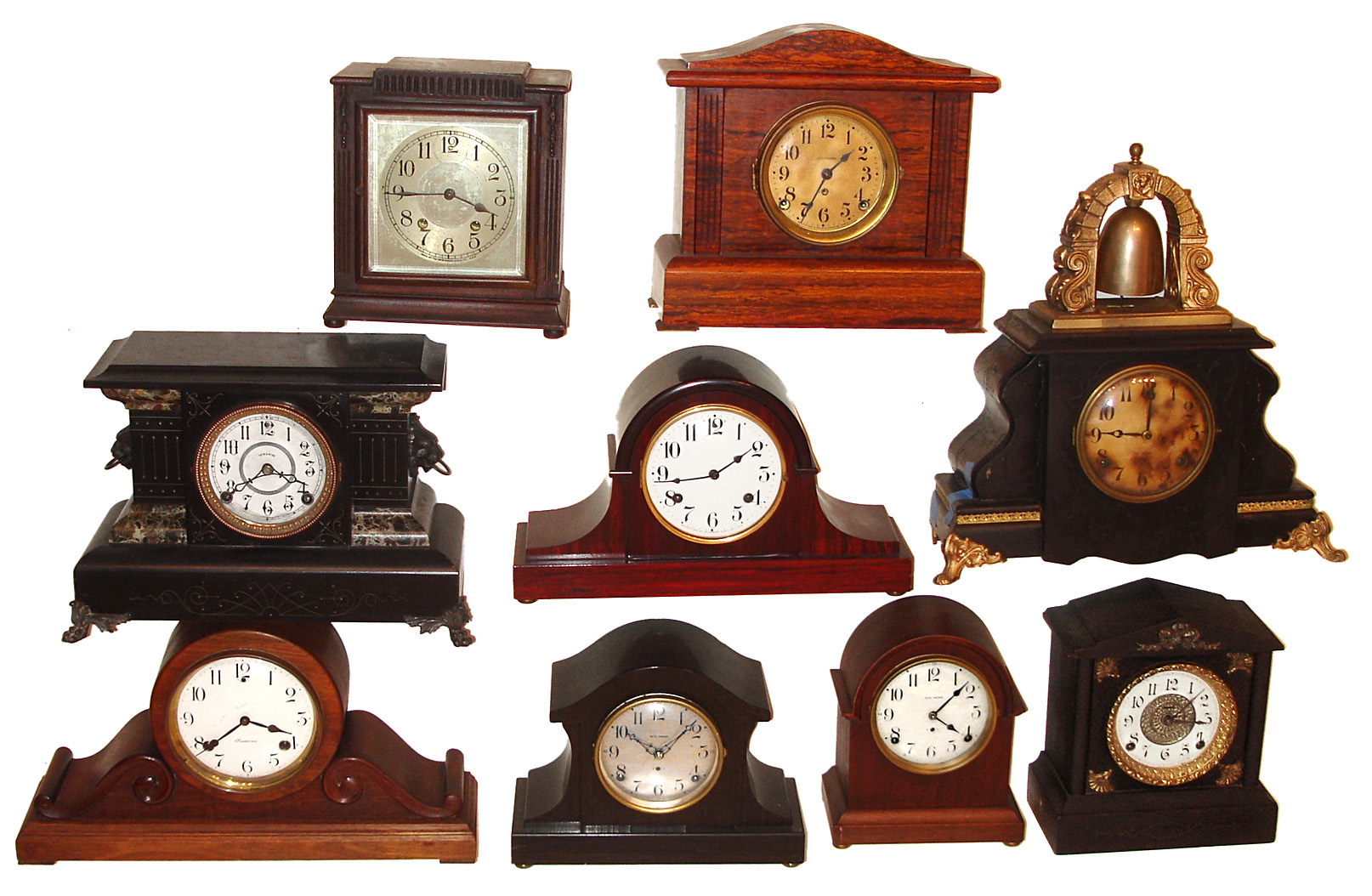 Clocks- 9 (Nine) Mantel clocks: assortment of early 20th century 8 day time and strike wood and Adamantine cases by Seth Thomas, Welch, Gilbert, Sessions and Ingraham. — Antique Clocks Price Guide