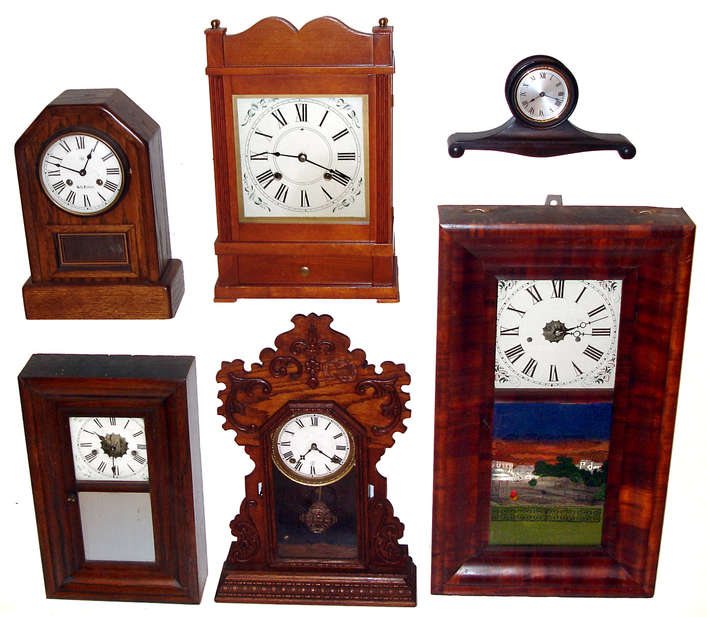 Clocks- 6 (Six) mantel and shelf clocks: includes Welch 8 day OG, Gilbert miniature OG, Ingraham kitchen, Seth Thomas miniature rear wind tambour, and two modern reproductions — Antique Clocks Price Guide
