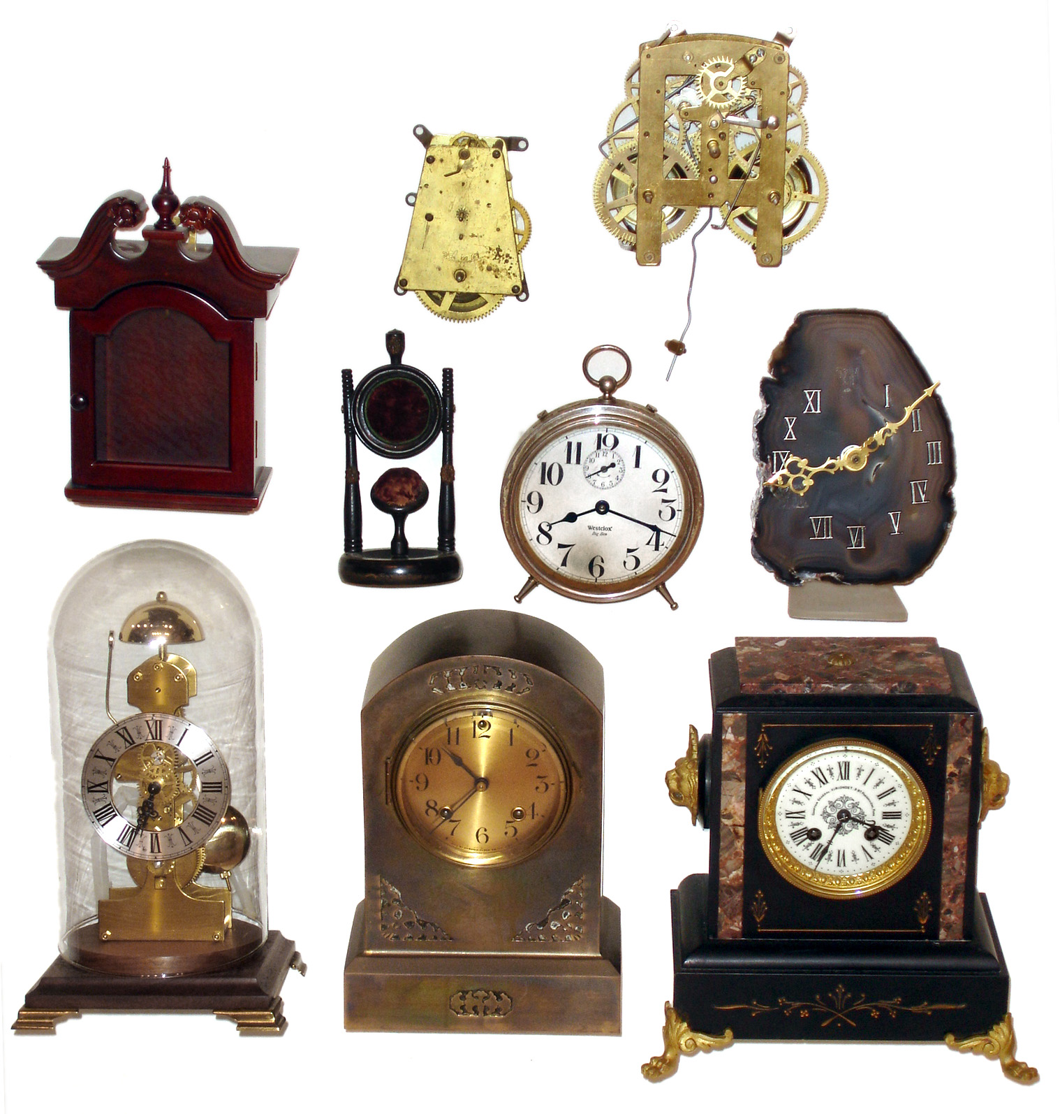 Clocks and Parts- 9 (Nine) piece mixed lot: best is French black marble and brass over iron Ansonia, also includes two watch hutches, Big Ben alarm, reproduction skeleton (German) under cracked dome, two movements, and a thin mineral slice with quartz unit behind — Antique Clocks Price Guide