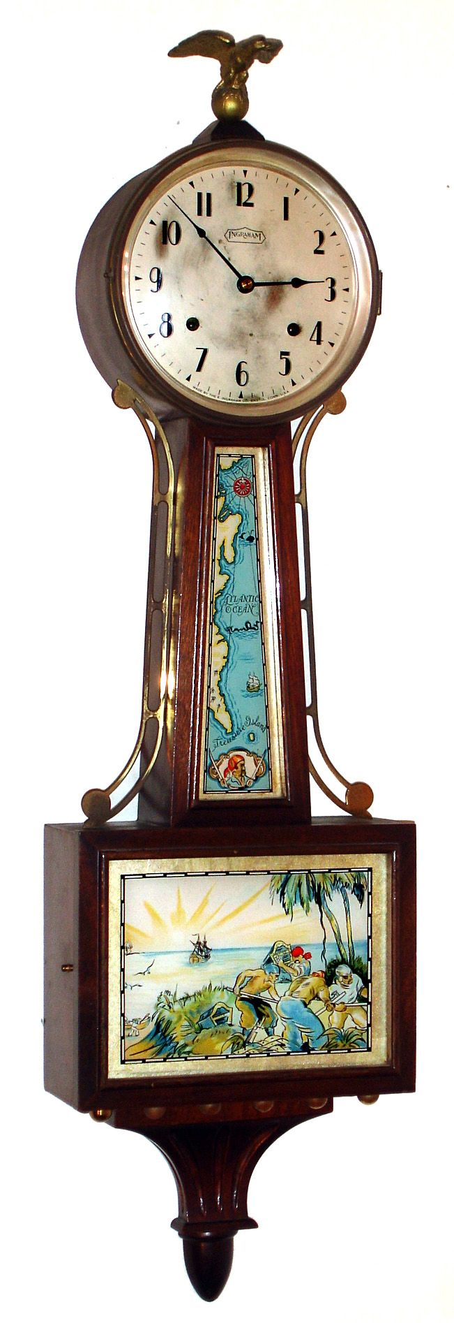 E. Ingraham, Bristol, Conn. "Treasure" banjo clock, 8 day time and duplex [ding-dong] strike spring driven pendulum movement in solid hardwood case, with mahogany finish, c1934. — Antique Clocks Price Guide