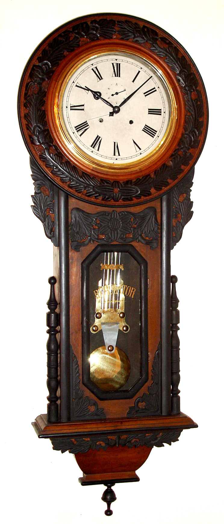 Asian modern reproduction large round drop wall clock, often called the Hotel model, 8 day time and strike spring driven movement in wood case, c1990 — Antique Clocks Price Guide