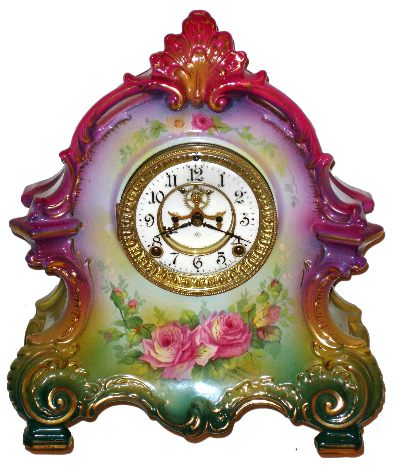 Ansonia Clock Co., New York, Royal Bonn "La Bretagne", porcelain clock, 8 day time and strike spring driven movement, visible escapement, multicolor case, c1915 — Antique Clocks Price Guide