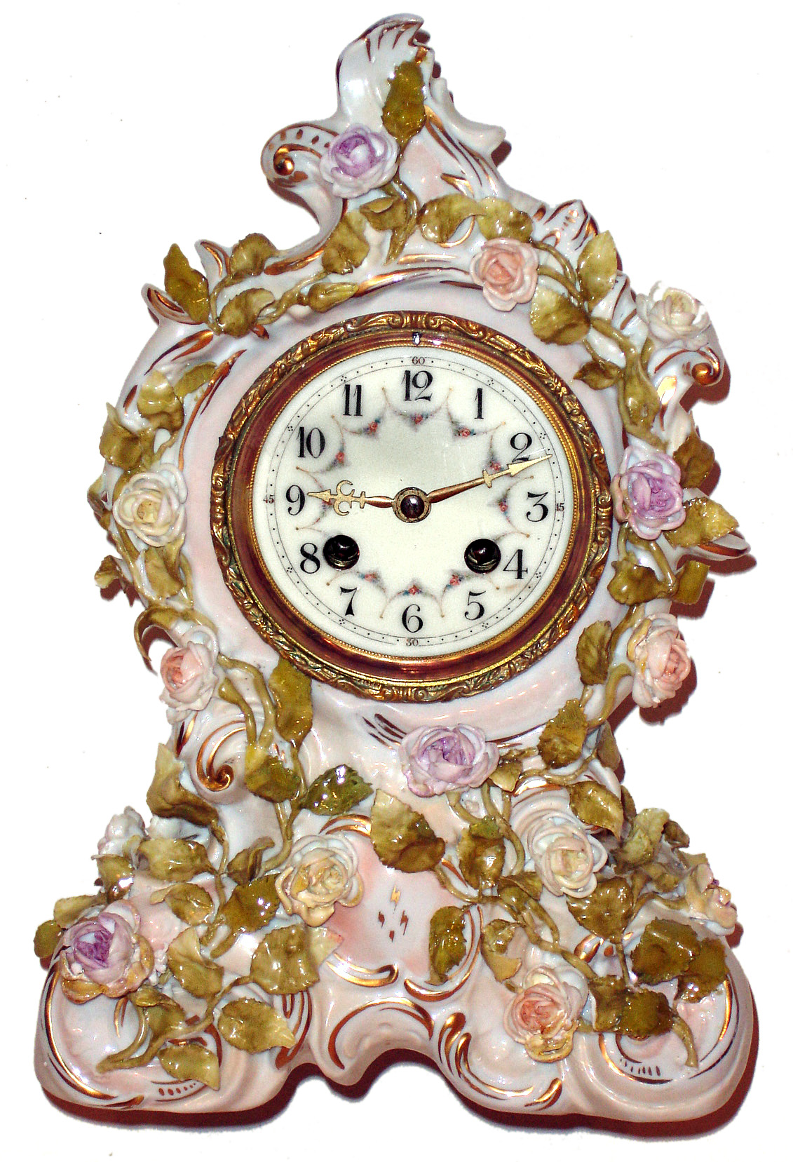 French market, multicolor porcelain 8 day time and strike mantel clock, with applied 3-dimensional flowers, c1890 — Antique Clocks Price Guide