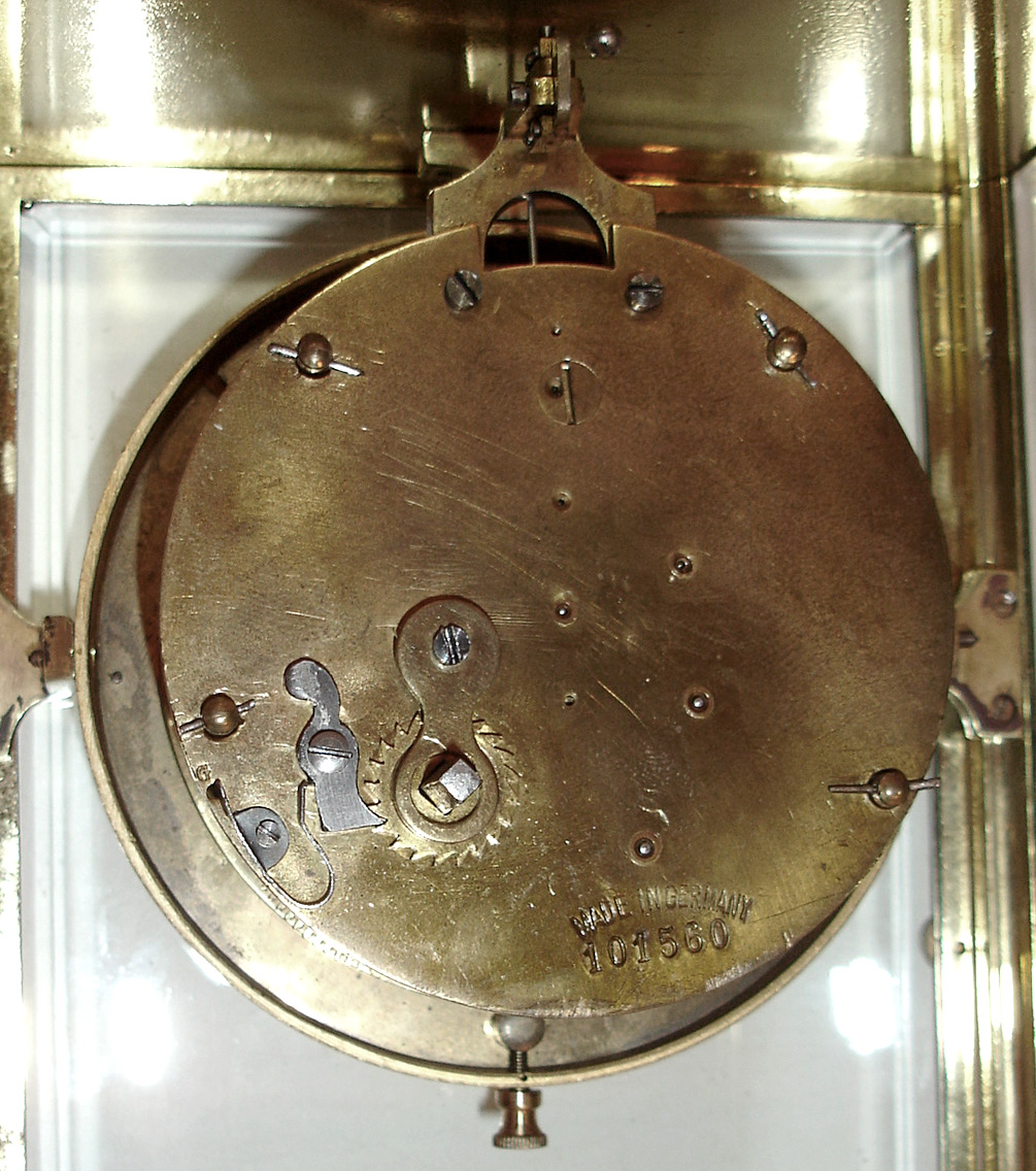 German 400 day disk pendulum clock in polished brass and beveled glass crystal regulator case, c1910 — Antique Clocks Price Guide