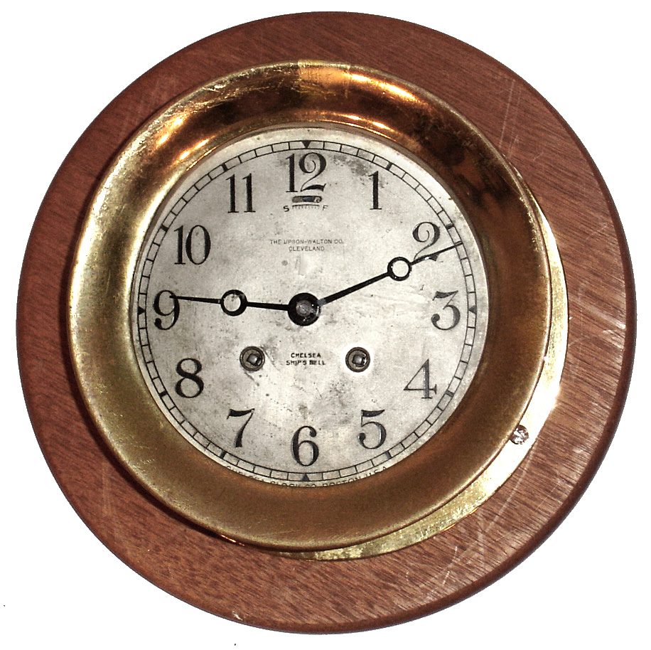 Chelsea Clock Co., Boston, Mass., "Ship's Bell" 8 day striking marine clock in brass case, 6" dial also signed "The Upson-Walton Company, Cleveland", serial number (on movement and case) 125941 made in 1918 — Antique Clocks Price Guide