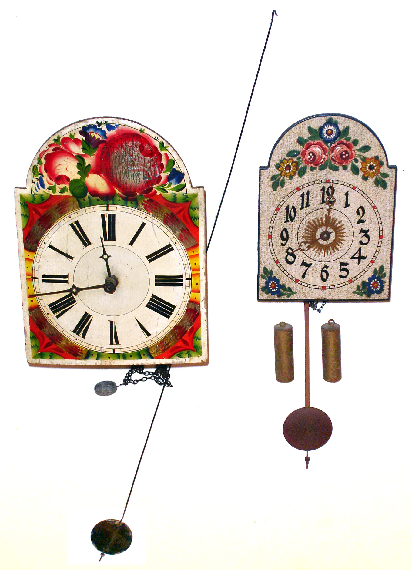 Clocks- 2 (Two) German Black Forest 30 hour weight driven bell strike wag-on-walls, painted shield dials, larger is 19th century, smaller is 20th — Antique Clocks Price Guide