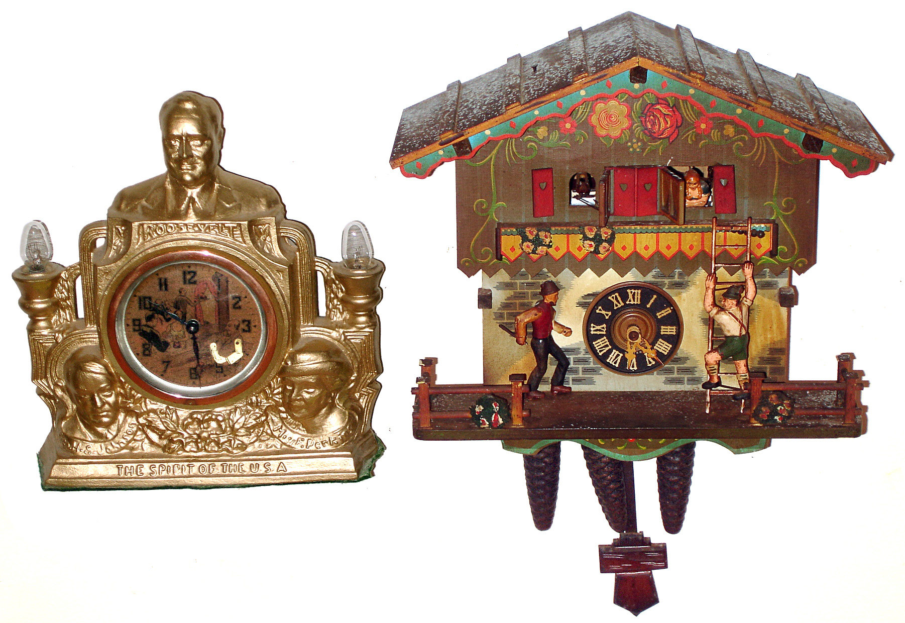 Clocks- 3 (Three): two German Black Forest modern 30 hour cuckoo clocks, c1980 and an United Electric Clock Co., Brooklyn, Roosevelt 30 hour novelty clock, c1940 — Antique Clocks Price Guide