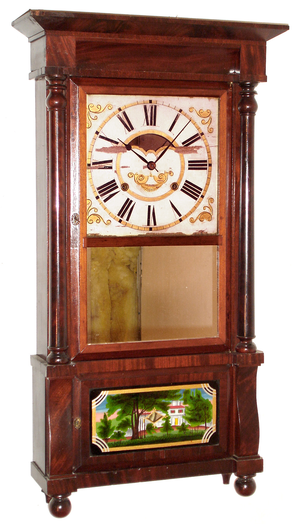 Birge, Mallory and Co, Bristol, Conn., 8 day weight driven time and strike mahogany column and cornice shelf clock, c1840 — Antique Clocks Price Guide