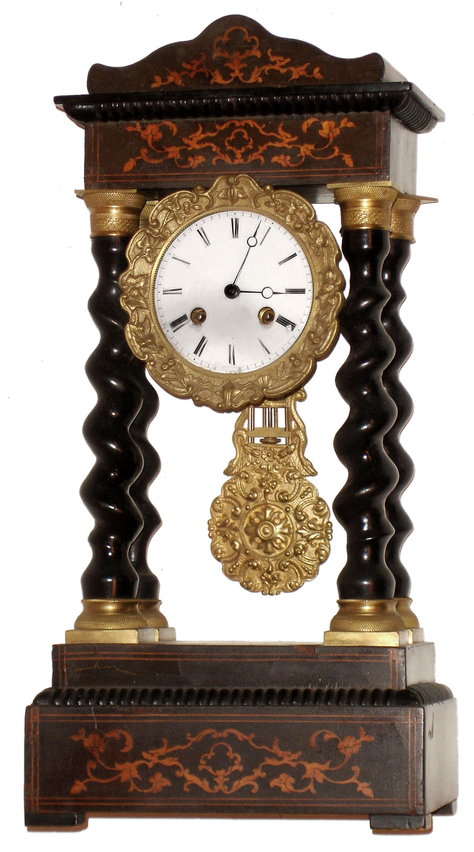 French Empire inlaid wood 8 day time and strike portico clock, c1880 — Antique Clocks Price Guide